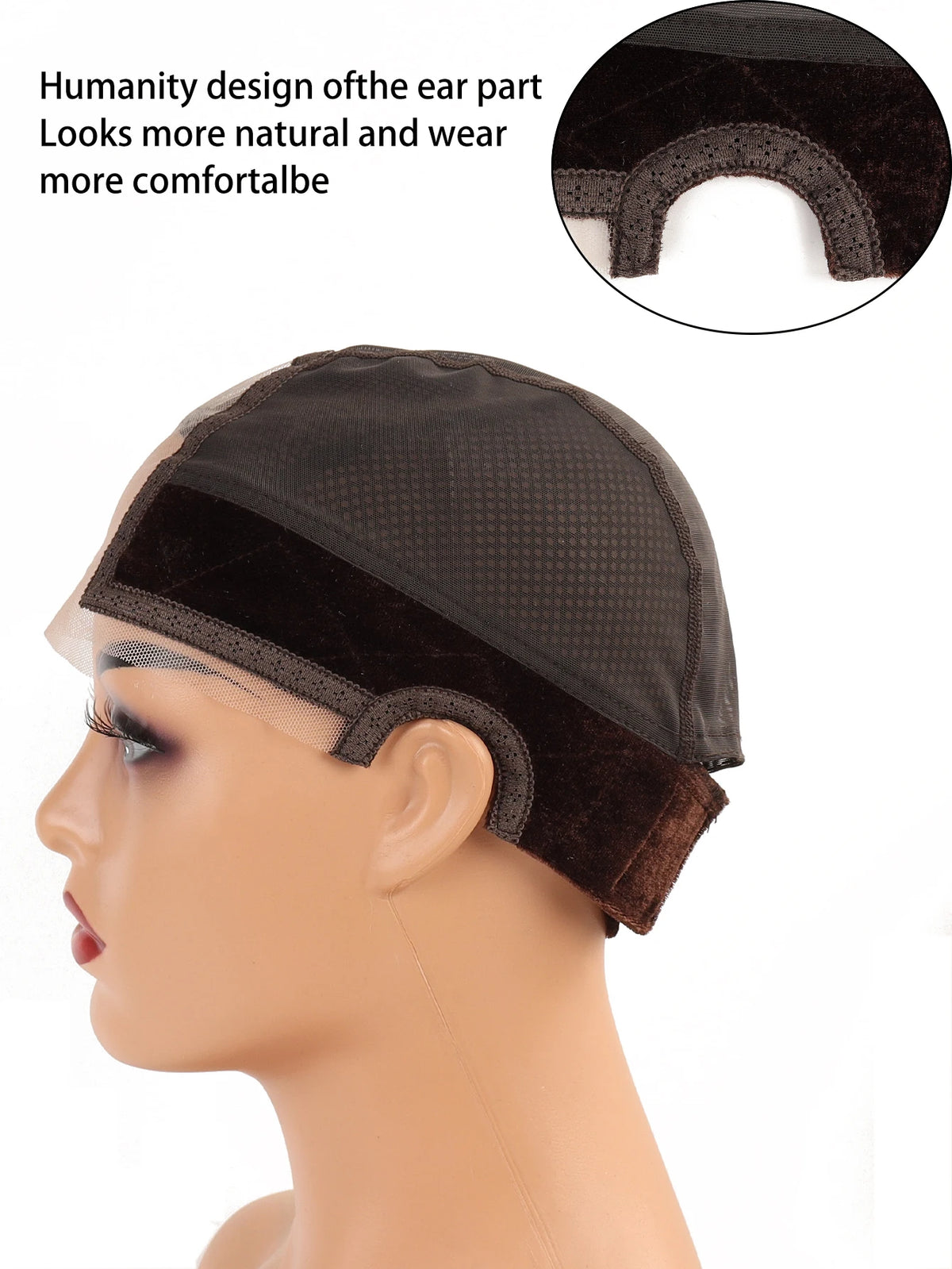 A dark brown velvet headband wig cap is shown on a mannequin head, highlighting its natural design.