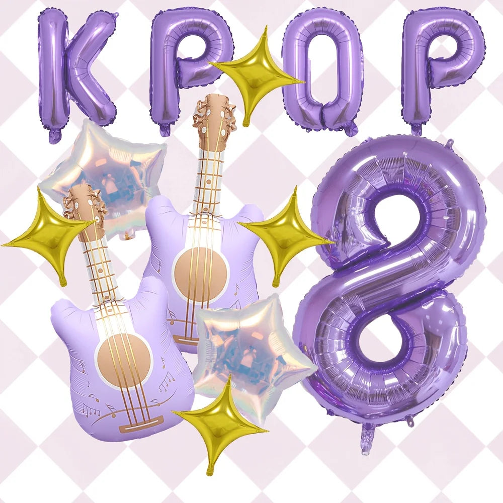 A set of purple balloons shaped like letters, a guitar, and the number 8 with golden star accents.