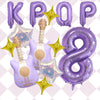 A set of purple balloons shaped like letters, a guitar, and the number 8 with golden star accents.