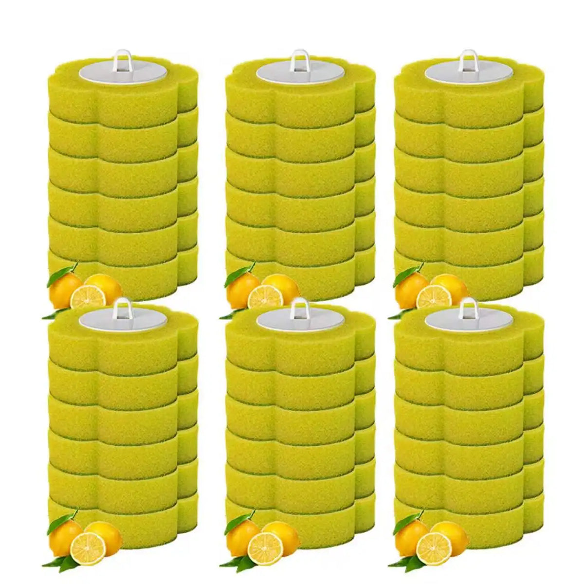 A set of green, cylindrical toilet brushes with long handles and yellow citrus fruit shown in a studio setting.