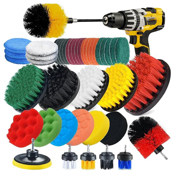 A collection of multi-purpose electric cleaning brushes in various colors and shapes including round, flat, and bristled head