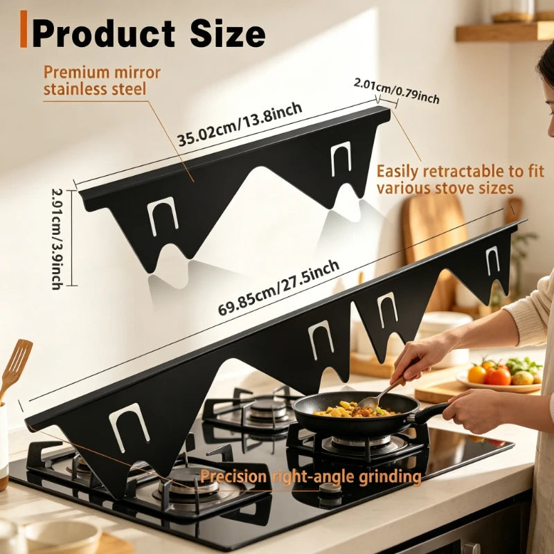 A black stainless steel stove gap cover with a right-angle grinding feature is shown on a stovetop.