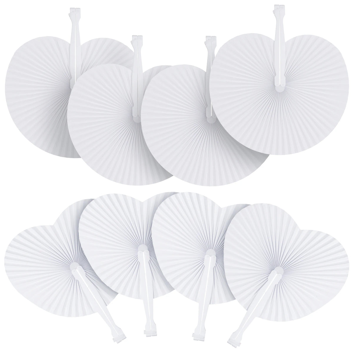 Ein Set weißer runder faltbarer Papierventilatoren, gezeigt von oben und unten.