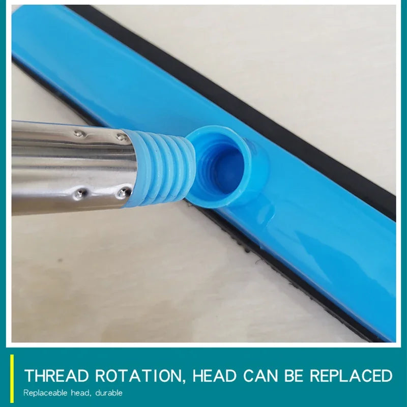 Close-up of a blue telescopic rubber broom with a silver handle and replaceable head.