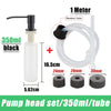 A set of a black pump head and a 350ml tube with various sized nozzles for a soap dispenser kit.