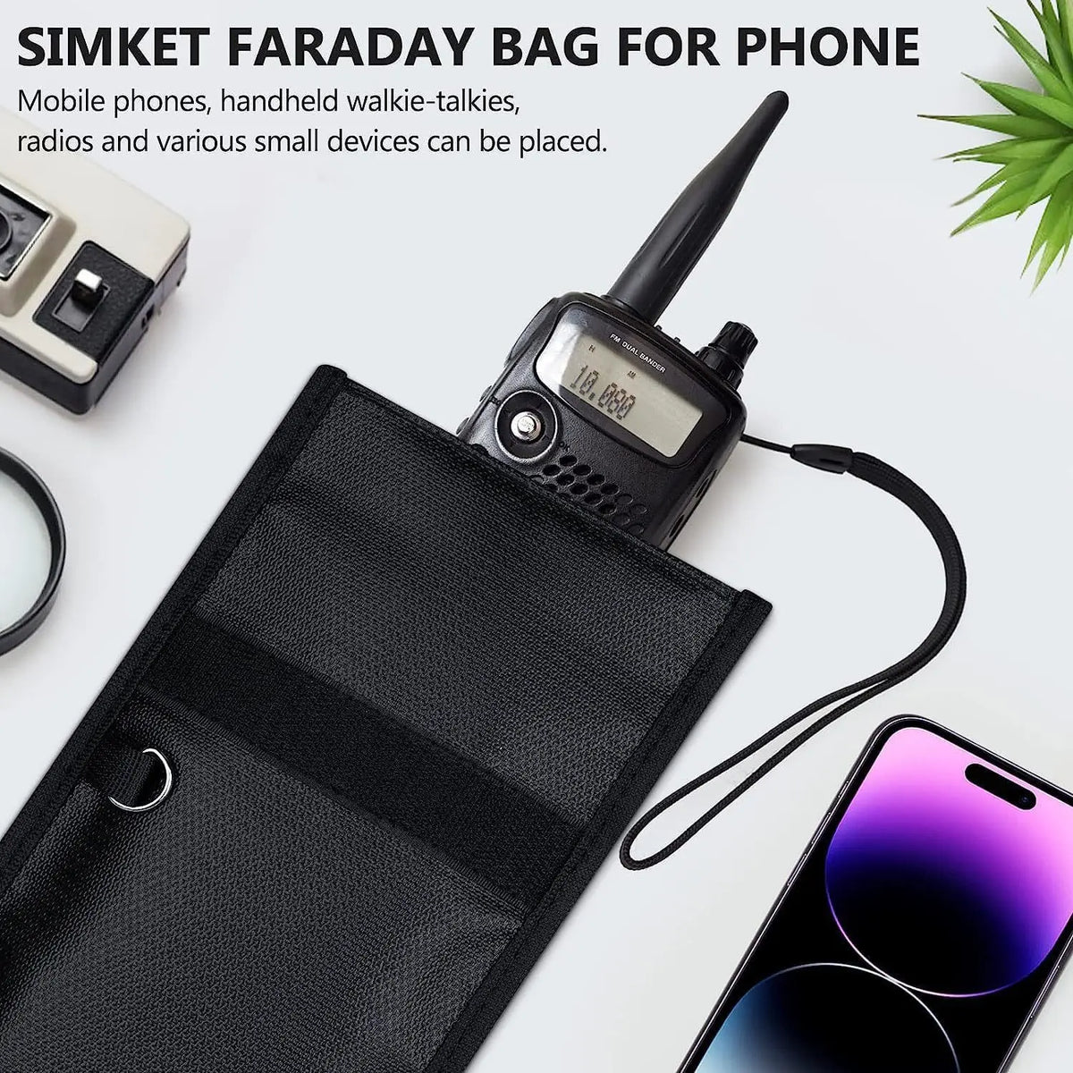 A black Faraday bag is shown next to a handheld radio and a smartphone, demonstrating anti-theft protection.