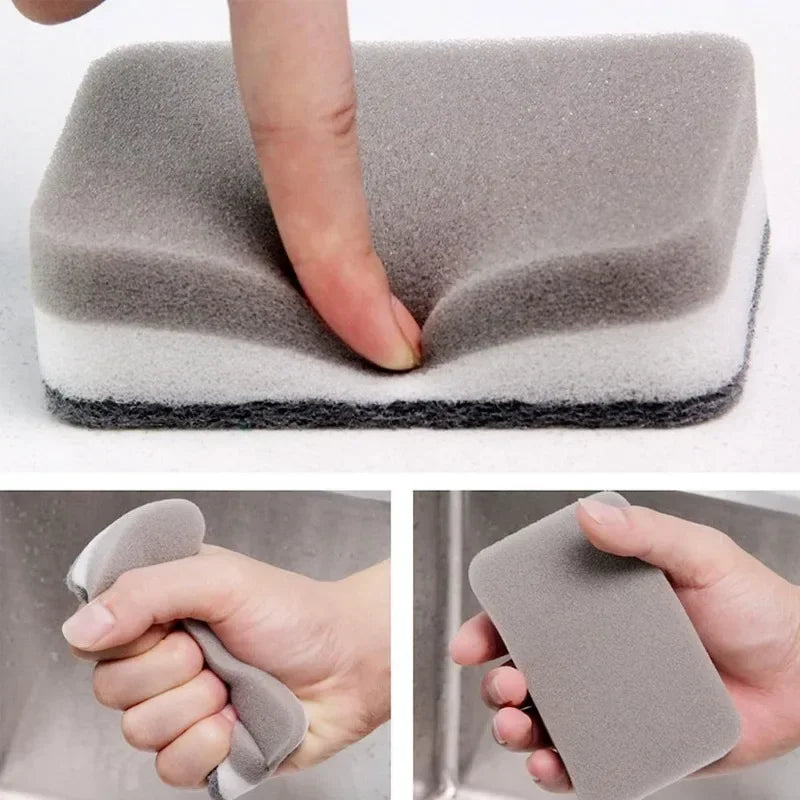 Hands demonstrate the use of reusable double-sided kitchen cleaning sponges.
