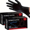 A hand wearing a black nitrile glove is shown next to a box of nitrile gloves.
