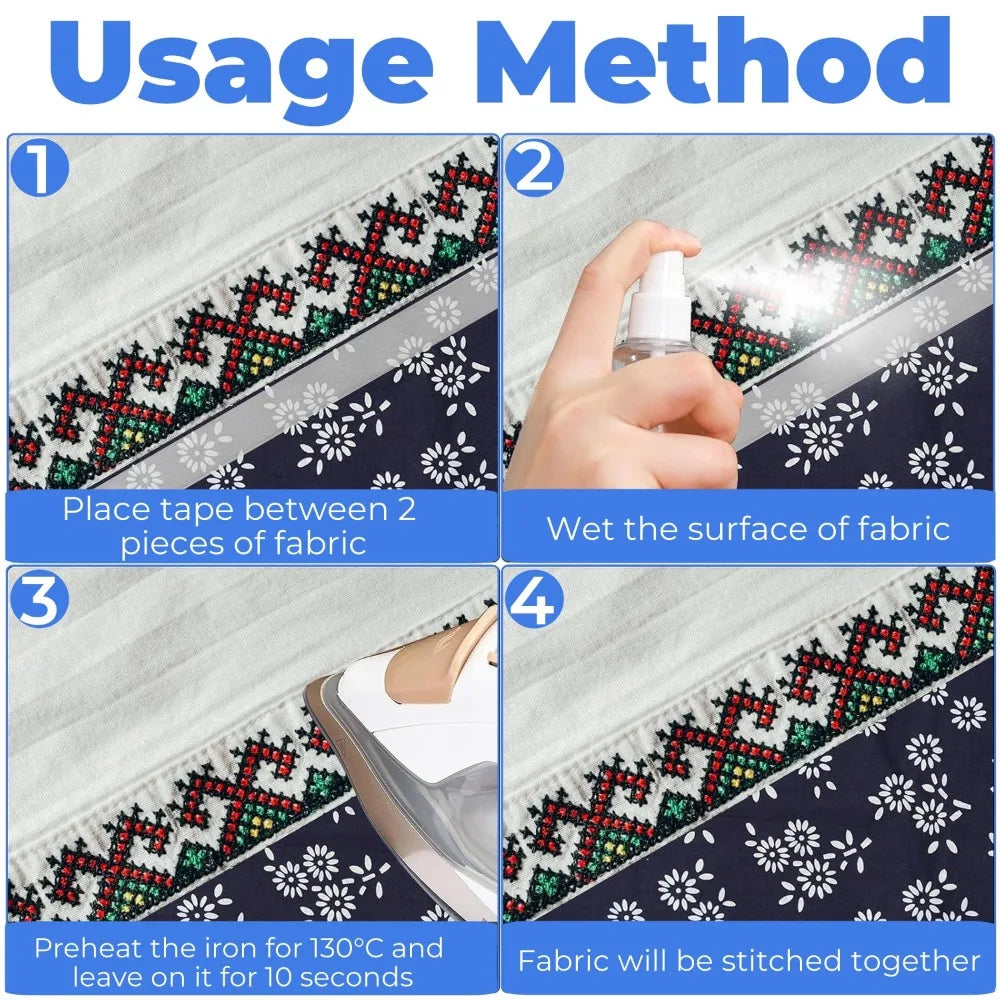 Four steps showing how to use DIY ironing tape to stitch two pieces of fabric together