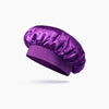 A purple satin sleep bonnet for toddlers, shown from the side.
