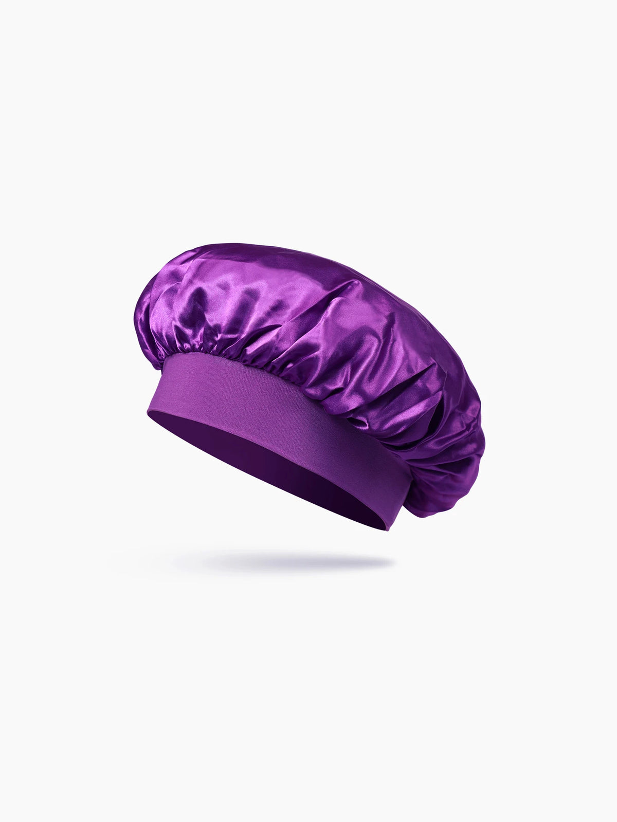 A purple satin sleep bonnet for toddlers, shown from the side.