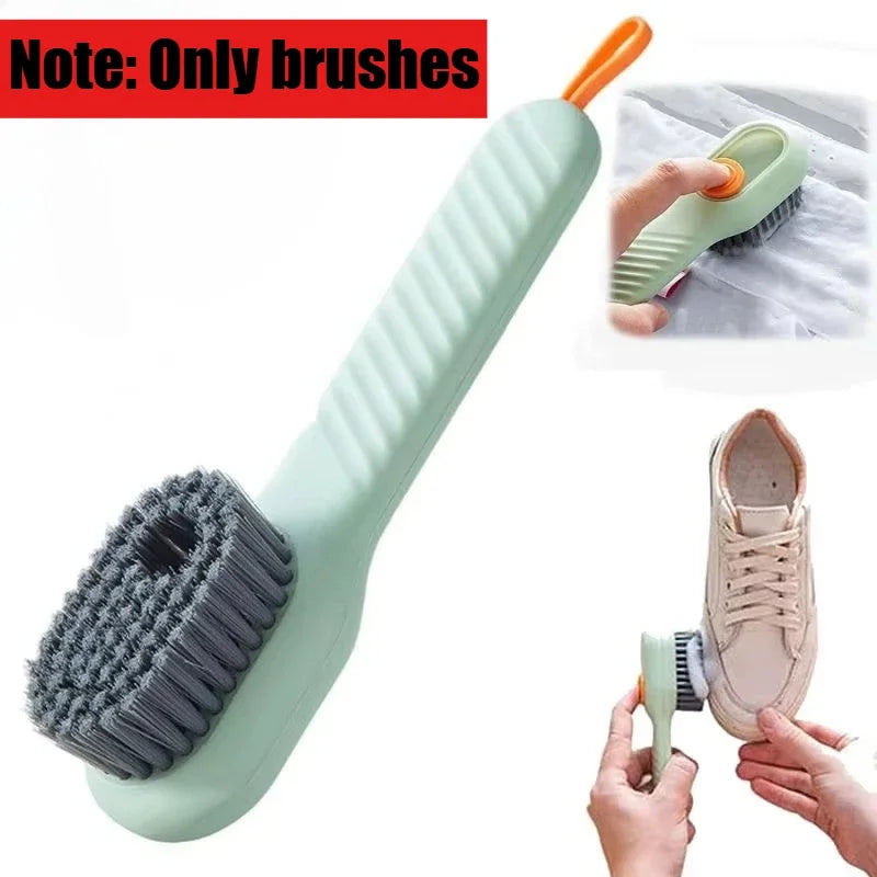 A silicone brush with a handle is shown next to a shoe, demonstrating its use for cleaning.