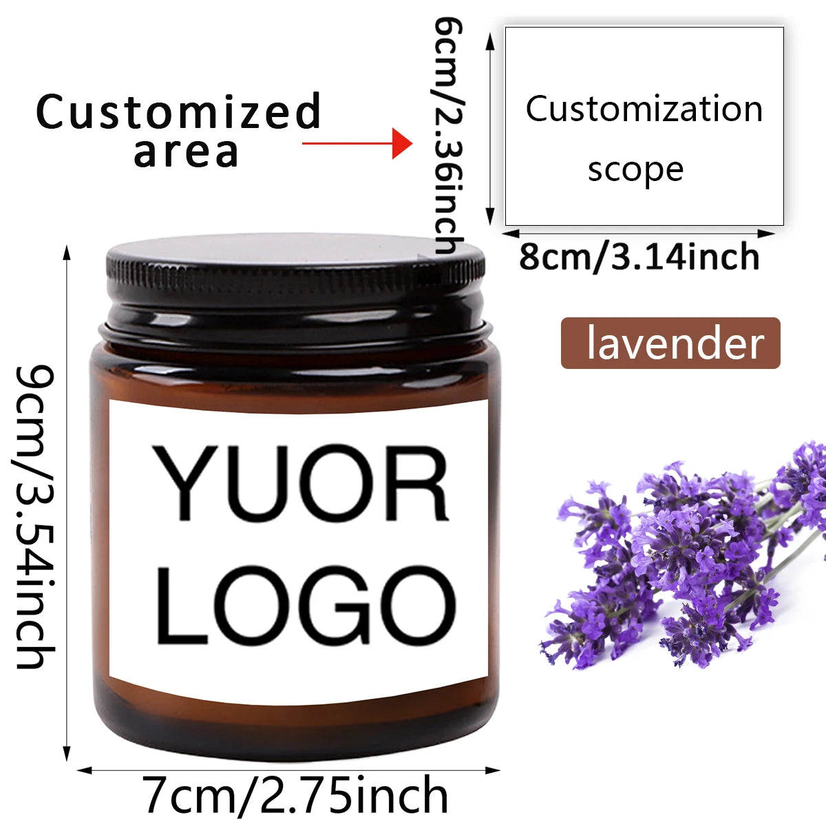 A dark glass jar of lavender scented soy candle with a white label featuring the text YOUR LOGO
