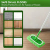 A green mop with a microfiber pad is shown cleaning a wooden floor.