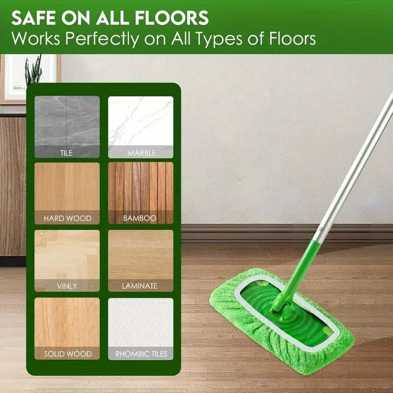 A green mop with a microfiber pad is shown cleaning a wooden floor.
