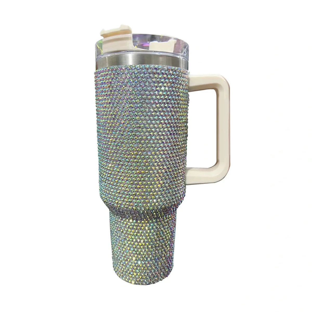 Taza aislada de acero inoxidable con pedrería, capacidad de 40oz, tapa transparente y asa beige.