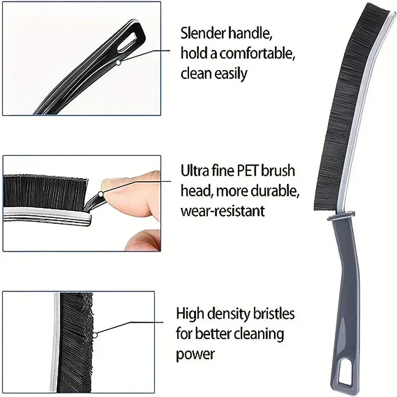 A long, gray crevice cleaning brush with a slender handle and high-density bristles for effective cleaning.