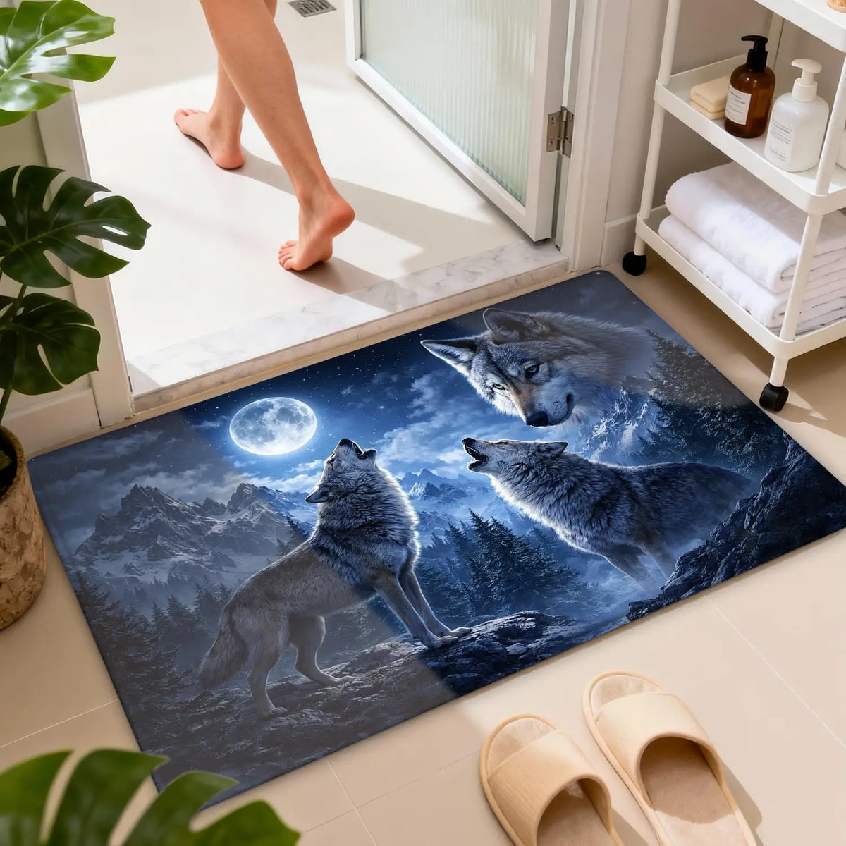 Dunkelblaue Matte mit Wolf-Silhouette und Vollmond auf einem Badezimmerboden.