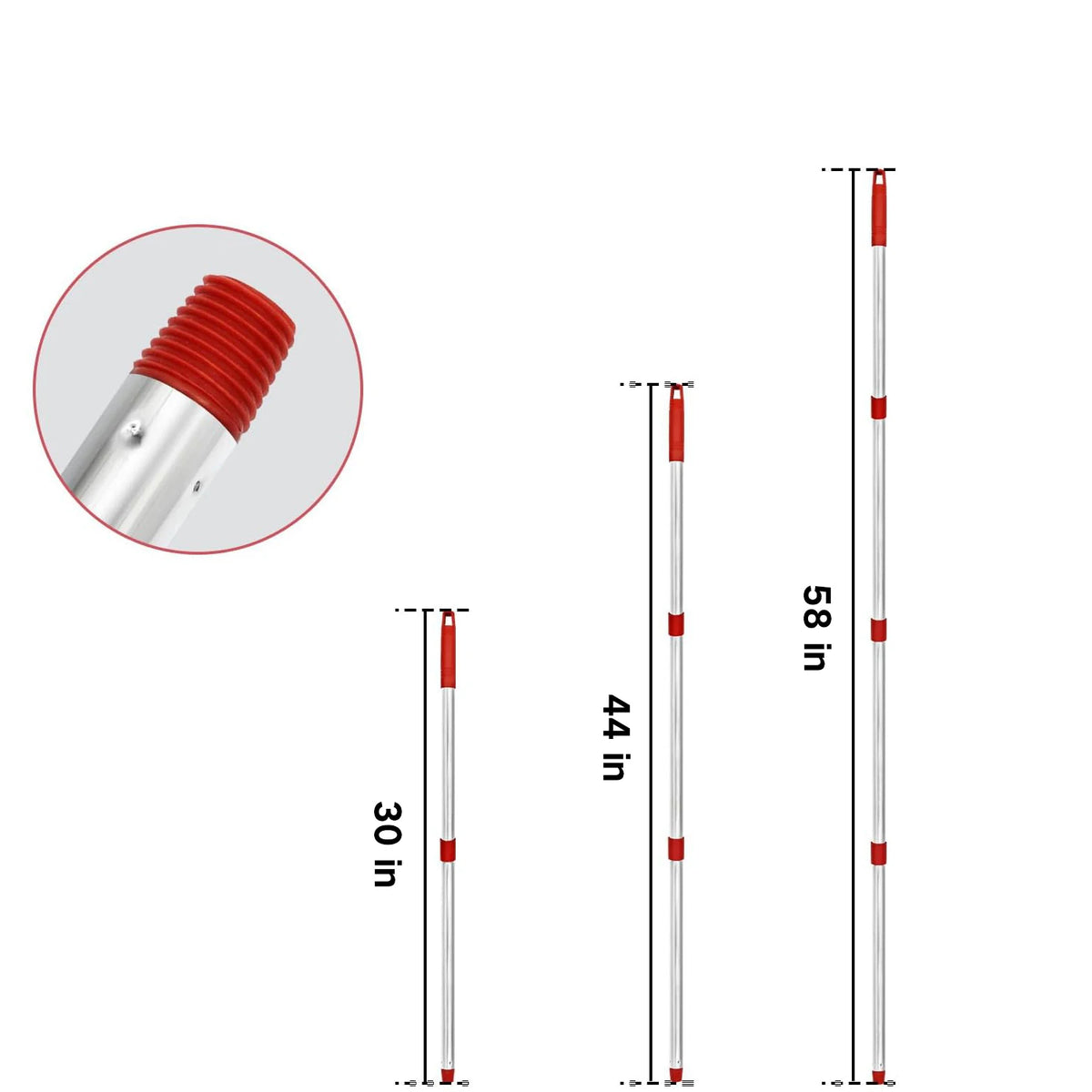 A set of universal mop handle and base components shown with various length options.