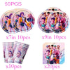 A set of K-Pop themed birthday party decor featuring various circular and cone-shaped items with colorful female idols.