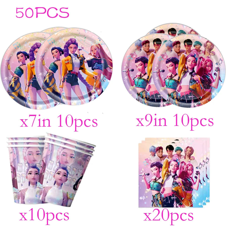 A set of K-Pop themed birthday party decor featuring various circular and cone-shaped items with colorful female idols.