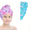 A child models a purple bandana and a matching blue fabric hair drying cap set.