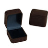 A dark brown velvet jewelry box with an open lid displaying a black interior.
