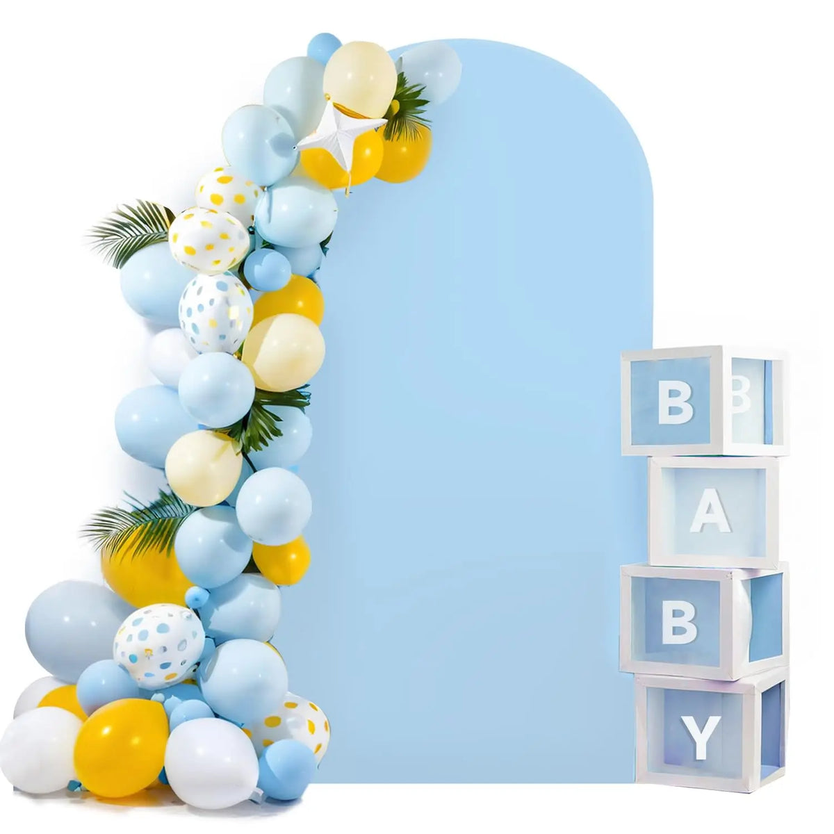 A stretchy arch backdrop for events featuring balloons in shades of blue, yellow, and white.