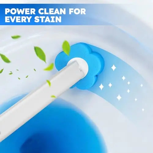 Une brosse à toilette jetable fixée au mur blanc nettoie une tache bleue sur une surface blanche.