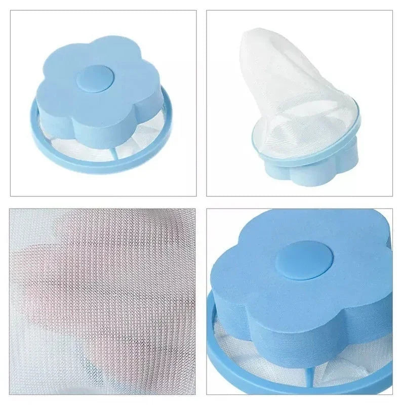 Light blue floating laundry mesh filter bag used for hair and lint removal
