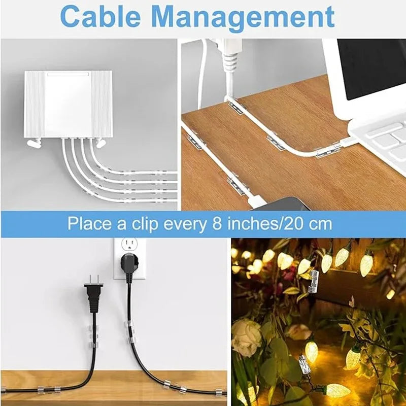 Close-up of heavy duty self-adhesive cable clips used for cord management on a desk and plant wires.