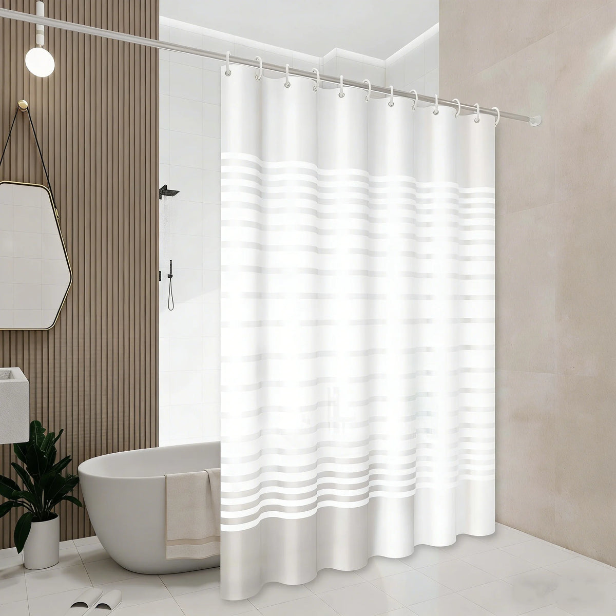 A white striped shower curtain hanging from a rod in a modern bathroom