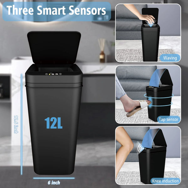 A black touchless automatic bathroom trash can with various sensor options shown in use.