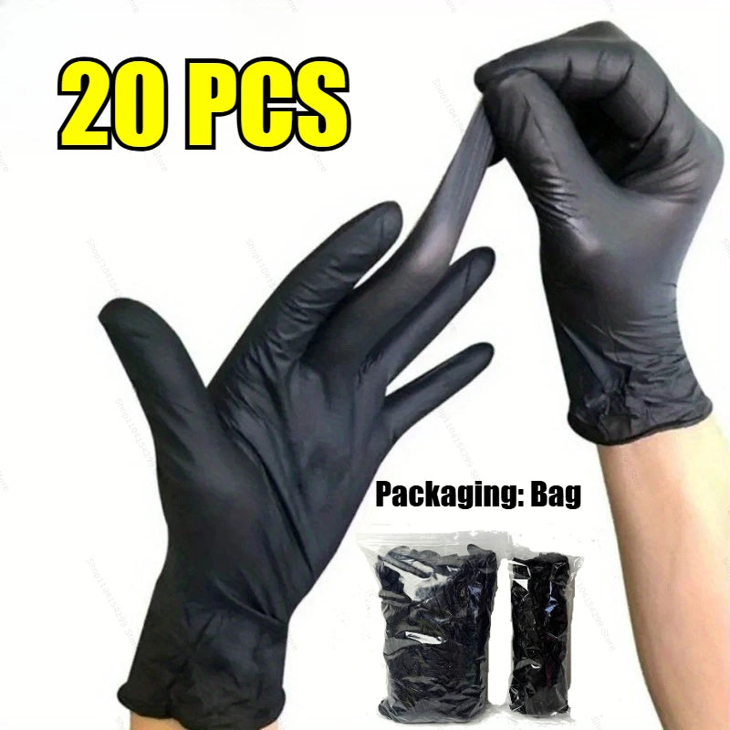 A hand wearing a black disposable nitrile glove is shown next to a package of 20 pairs of gloves.