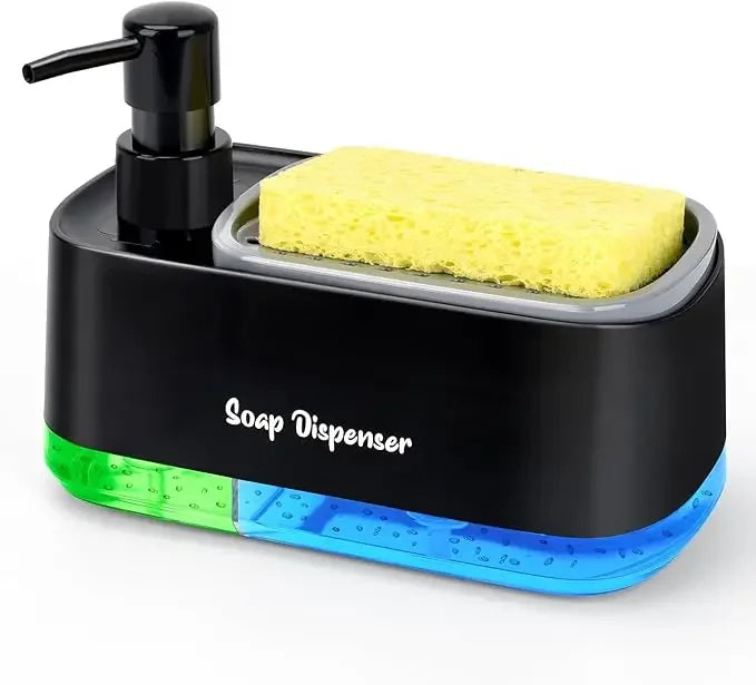 A black soap dispenser with a yellow bar of soap and a blue translucent base.