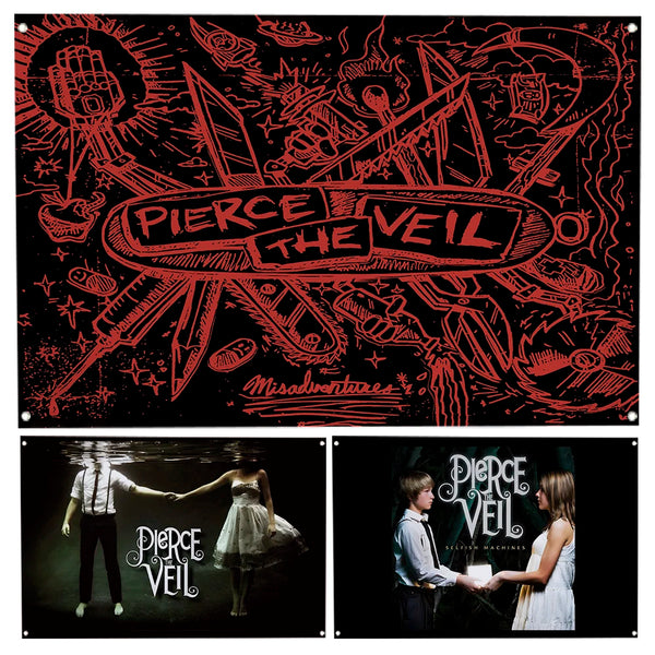 A red flag tapestry featuring the Pierce The Veil logo and stylized, chaotic artwork.