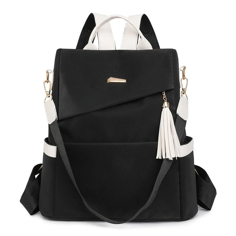 Black women's anti-theft PU leather travel backpack with white accents
