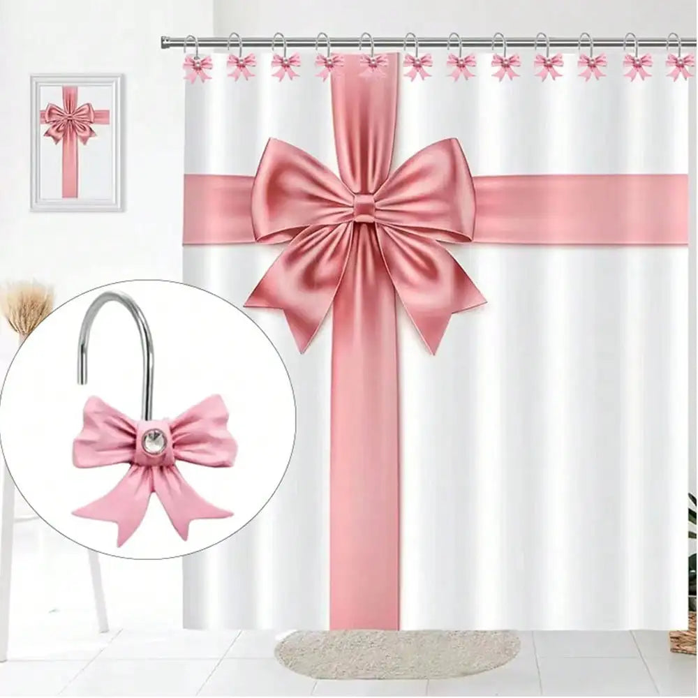 Pink decorative bow tie shower curtain hooks with pink ribbon and tassels