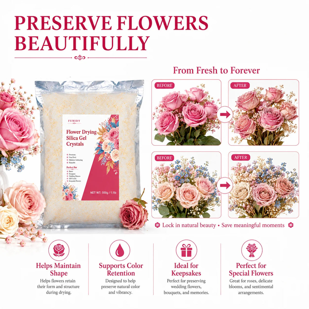 Powdered flower drying silica gel crystals for preserving flowers from fresh to forever
