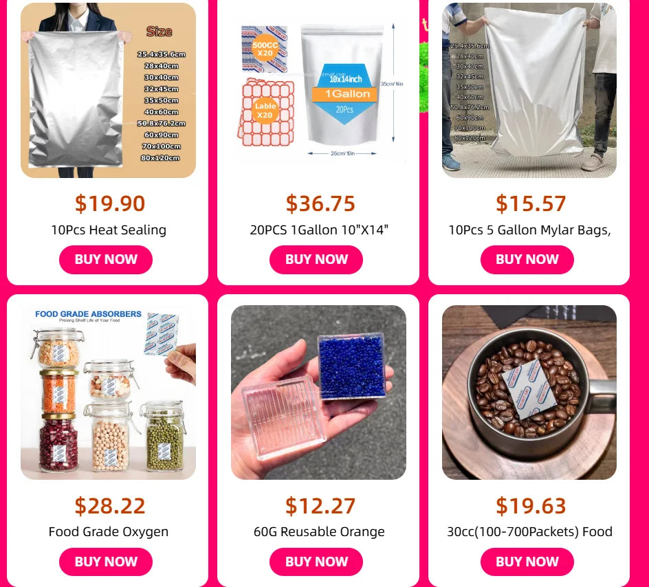 A collection of food grade oxygen absorbers in various sizes and colors for food preservation.