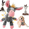 A plush toy resembling a donkey or horse is shown next to a dog holding a pair of disposable nitrile gloves.