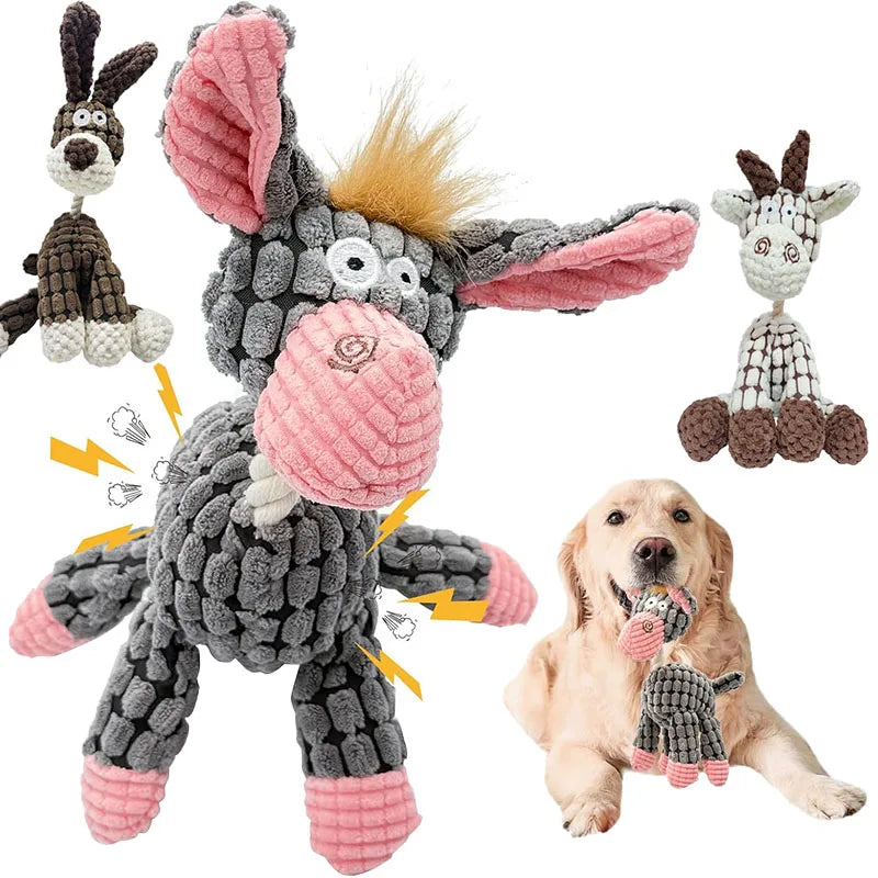 A plush toy resembling a donkey or horse is shown next to a dog holding a pair of disposable nitrile gloves.