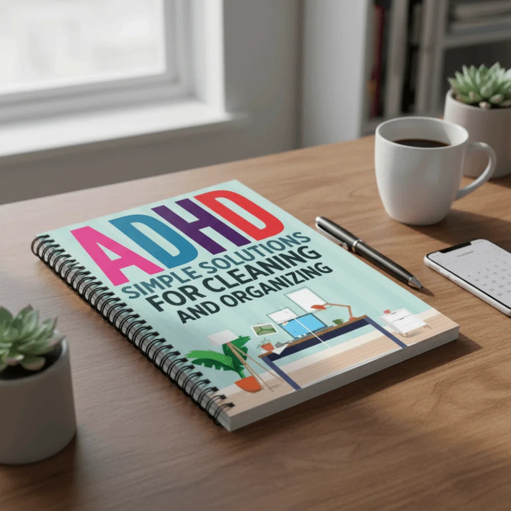 A notebook titled ADHD Simple Solutions for Cleaning and Organizing lies on a wooden table next to a pen and a mug.
