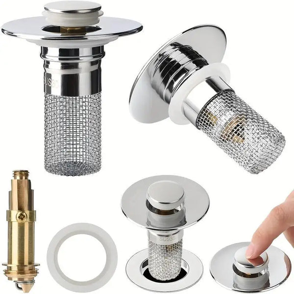 A set of universal pop-up bathroom sink drain filters including a metal strainer, a white ring, and a silver cap.
