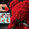 A close-up of a red rose teddy bear with a black ribbon, showing various gifting contexts.