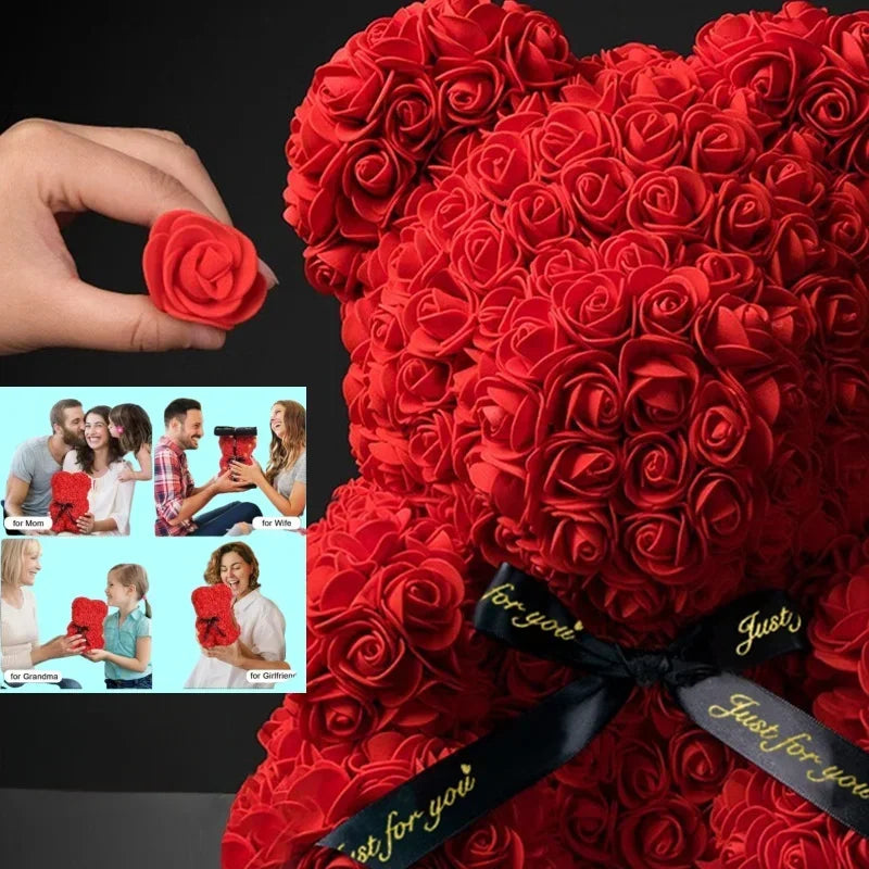A close-up of a red rose teddy bear with a black ribbon, showing various gifting contexts.