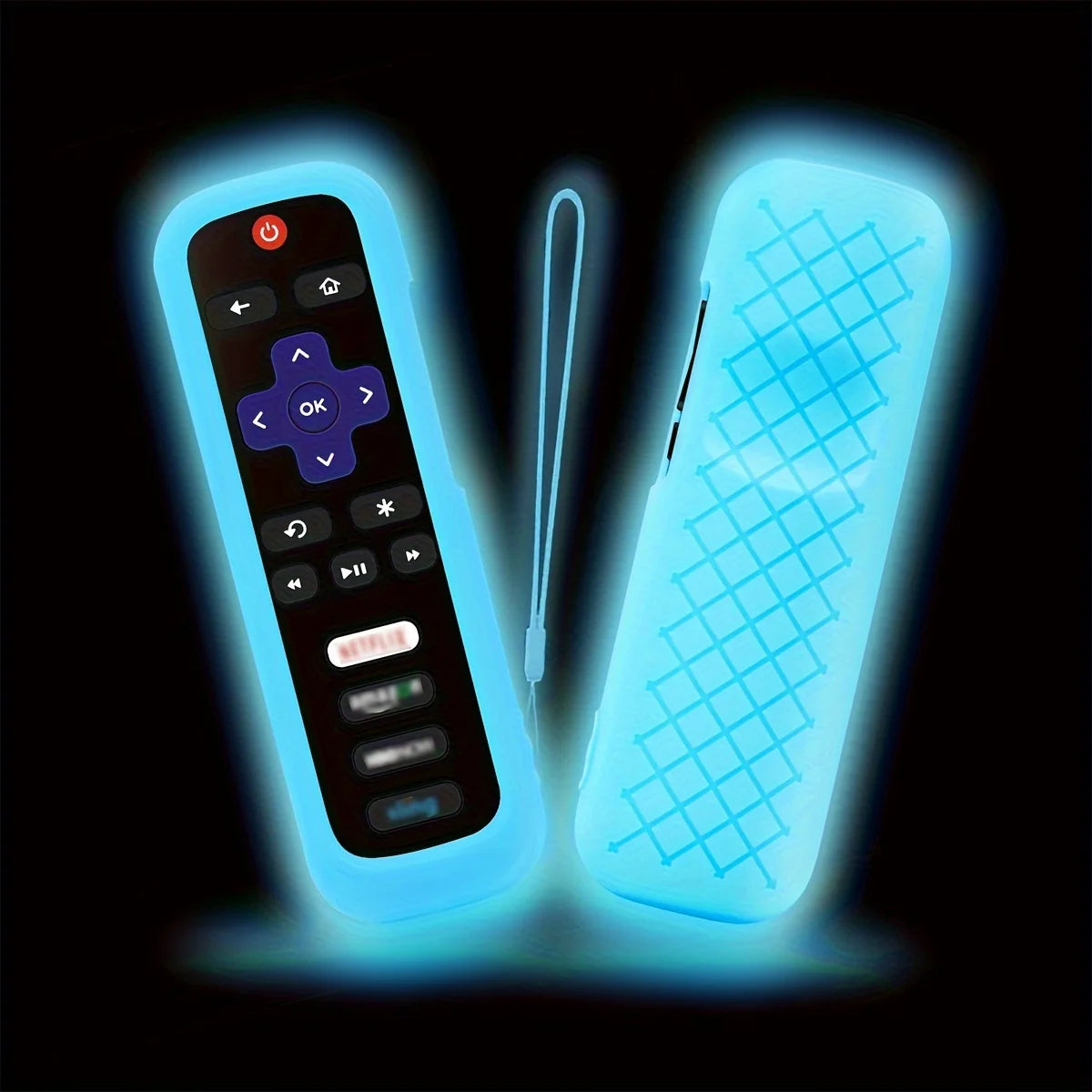 A light blue silicone remote control cover with a grid pattern and a lanyard, glowing in the dark.