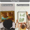 A framed piece of art is shown next to a picture demonstrating easy installation and avoiding wall damage.