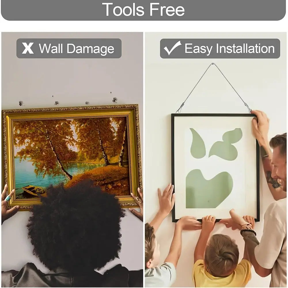 A framed piece of art is shown next to a picture demonstrating easy installation and avoiding wall damage.