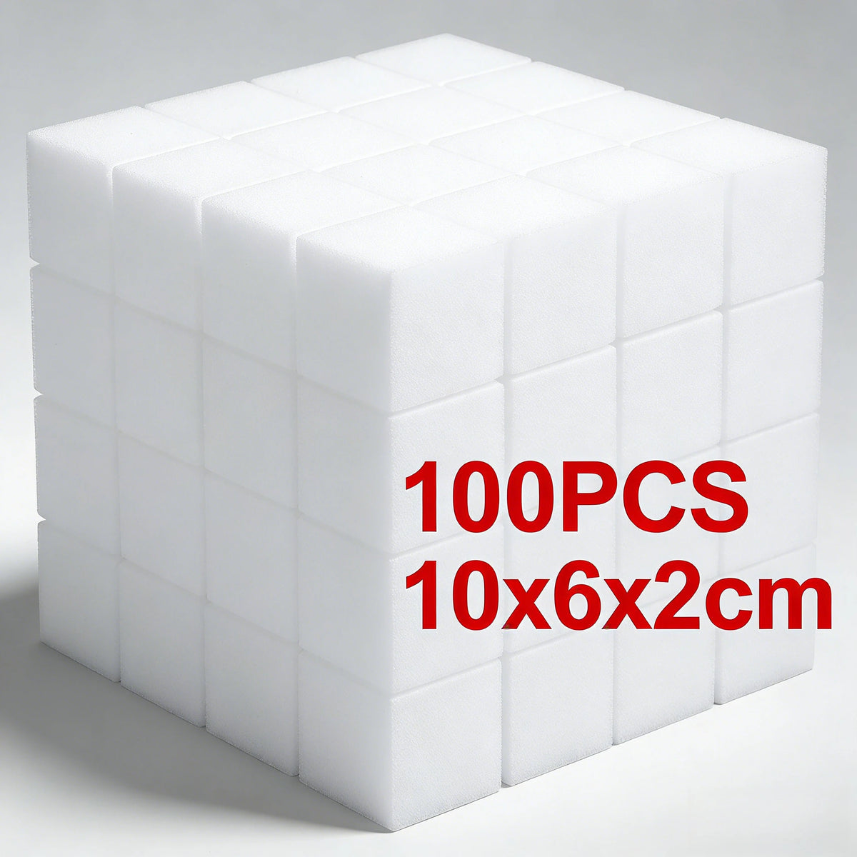 A stack of 100 white, square cleaning sponges measuring 10x6x2cm.
